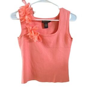 Vintage Georgiou Studio Coral Silk One Shoulder Blouse with Flowers (size M)